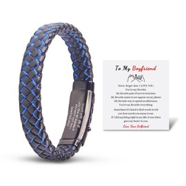 To Boyfriend Blue Braided Leather Bracelet Love You Forever Adjustable Cuff Bangle Bracelet,Men's Stainless Braided Leather Bracelet Bangle Wristband Graduation Birthday Gift