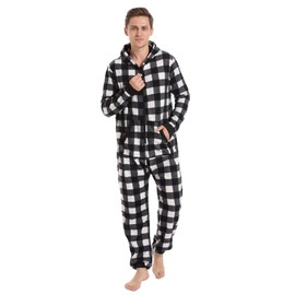Focupaja Adult Plaid Onesie Pyjamas with Hood Pyjamas Christmas Fleece Jumpsuit for Men and Women, black white