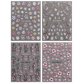 JMEOWIO 3D Embossed Flower Nail Art Stickers Decals Self-Adhesive 5D Spring Summer Floral Nail Supplies Nail Art Design Decoration Accessories 4 Sheets
