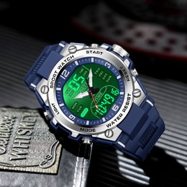 Men's Watches Outdoor Sports Watch for Men with 5ATM Waterproof Countdown Digital Analog Three Time Day Date Week Display Rugged Wristwatch for Running