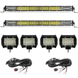 LED Lights Bars Kits (2) 20 Inch 180W (4) 4Inch 72W 12V 24V Truck Bumper Slim Work Off Road Driving Flood Spot Lights Pods 10000lumen 6500K for ATV Tractor Pickup Golf Cart RV with (2) Wiring Harness