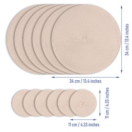wiipara Round Woven Placemats Set of 6 Heat Resistant Round Braided Table Mats, 34 cm Washable Table Placemats and Coaster Sets for Dining/Kitchen Table, Party, Wedding (Beige)