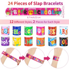 durony 24 Welcome Back to School Pencils 24 First Day of School Rubber Bracelets Silicone Wristbands 24 Back to School Slap Bracelets for Boys Girls School Classroom Exchange Prizes Gifts, 12 Styles