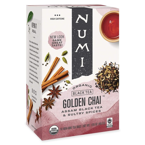 Numi Organic Tea Golden Chai, 18 Count Box of Tea Bags (Pack of 6) Black Tea (Packaging May Vary)