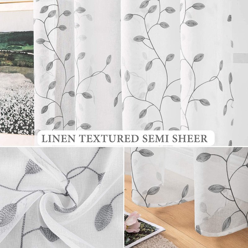 MIULEE Decorative Sheer Curtains with Embroidered Leaf Pattern for Living