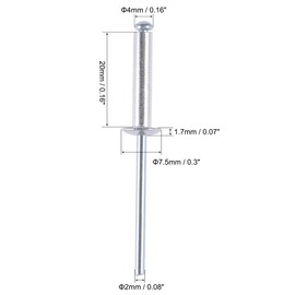 sourcing map Blind Rivets Aluminium Pull Rivets Core Decoration Rivets 4 mm Diameter 20 mm Handle Length Silver Pack of 60