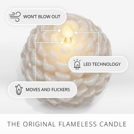 Luminara Pinecone Flameless Candle White Swan Glitter and Snow Finish Pine Cone Figural, Real Wax Unscented LED Candles, Battery Operated with Timer, Holiday Decoration (4.7" x 6")