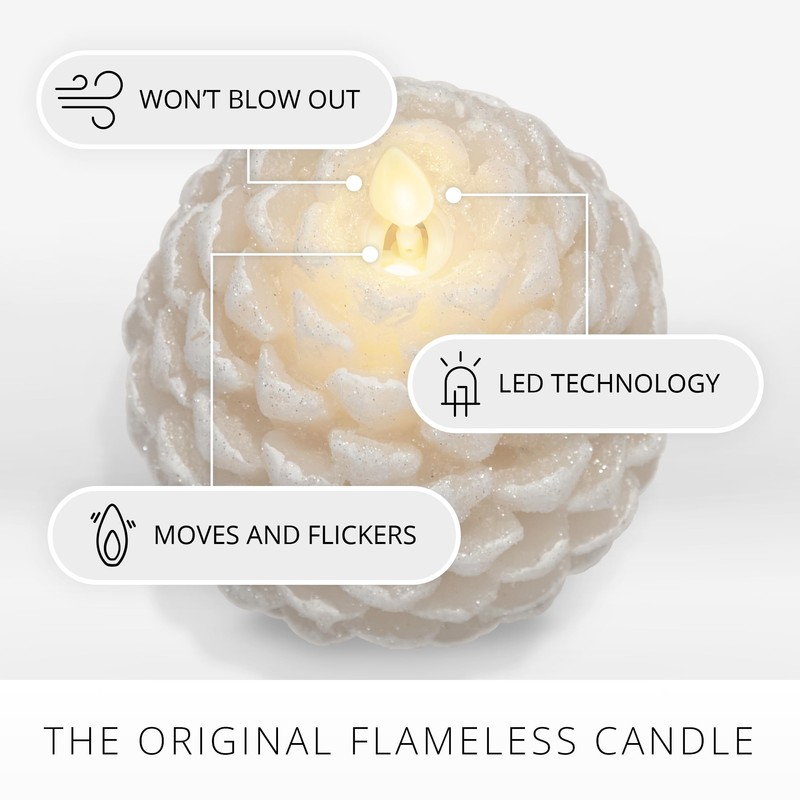 Luminara Pinecone Flameless Candle White Swan Glitter and Snow Finish