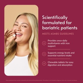 Bariatric Advantage Chewable Ultra Solo with Iron - Once-Per-Day Daily Multivitamin - for Bariatric Patients - with Thiamin, Vitamin A & More - Gluten Free - Citrus - 30 Tablets