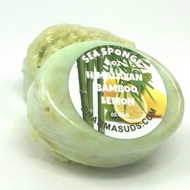 Natural sea sponge soap Handmade, bamboo lemon scented 3 oz oval bar