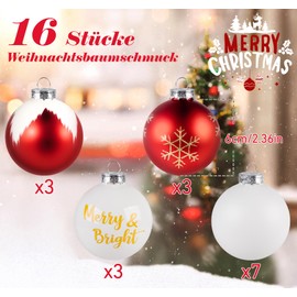 Sweelov Pack of 16 Christmas Baubles, Shatterproof Christmas Tree Baubles for Christmas, Christmas Tree Decorations Christmas Decoration Tree Decoration, Diameter 6 cm (White/Red)