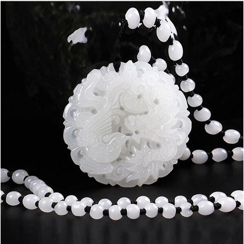 yigedan Natural White Jade Dragon Phoenix Dragon Pendant Necklace, jade,