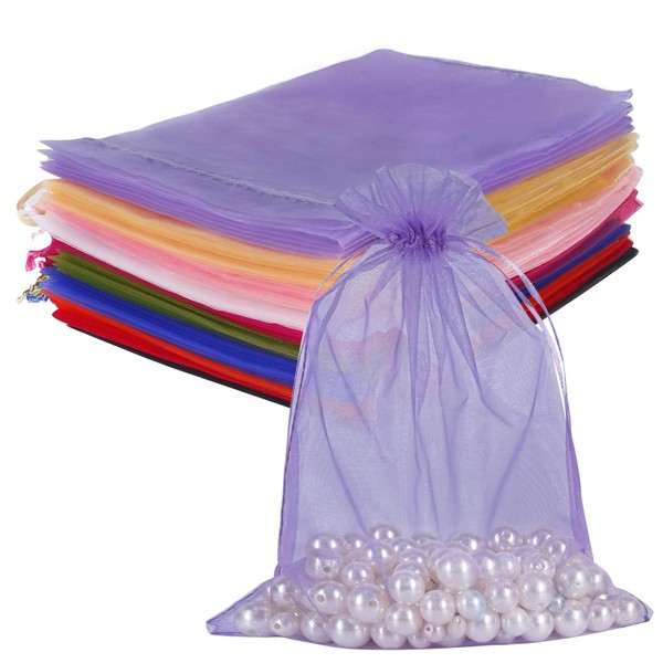 HRX Package 100pcs Big Organza Bags Drawstring Mixed Color, 16.5 x 22.5cm Christmas Wedding Shower Party Favors Gift Mesh Bags Pouches for Jewelry Makeup Sample(Random Colors)