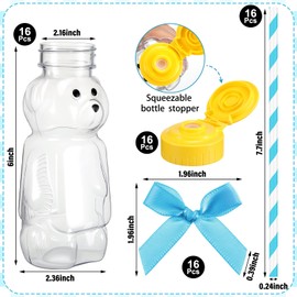 Honeydak 16 Pack Bear Straw Honey Cup for Baby 8 oz Bear Drinking Honey Bottles Empty Plastic Squeeze Bottles with Flip Top Lid Bow Jar Containers for Baby Shower Birthday Party Decoration(Blue)