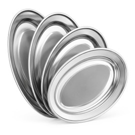 4 Pcs Stainless Steel Serving Tray, 11.8" 12.6" 13.4" 15.7" Heavy Duty Metal Oval Serving Platter, Mirror Polish Sizzle Plate, Large Oval Platter Set for Dessert Sushi Meat Wedding Birthday