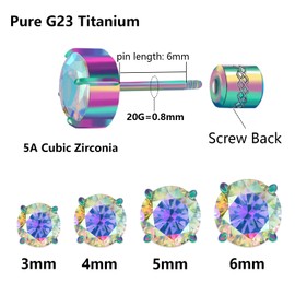 Hopply Hypoallergenic G23 Pure Titanium Earrings, 20G Implant Grade Pure Titanium Flatback 5A Cubic Zirconia Earrings Studs, Suitable for Women Men Sensitive Ears Jewelry Gift (Rainbow+AB, 6mm)