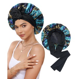 Satin Bonnet Silk Bonnet for Sleeping Silk Sleep Cap Double Layer Hair Bonnet with Elastic Tie Band for Curly Hair Night Cap(Print+Black)