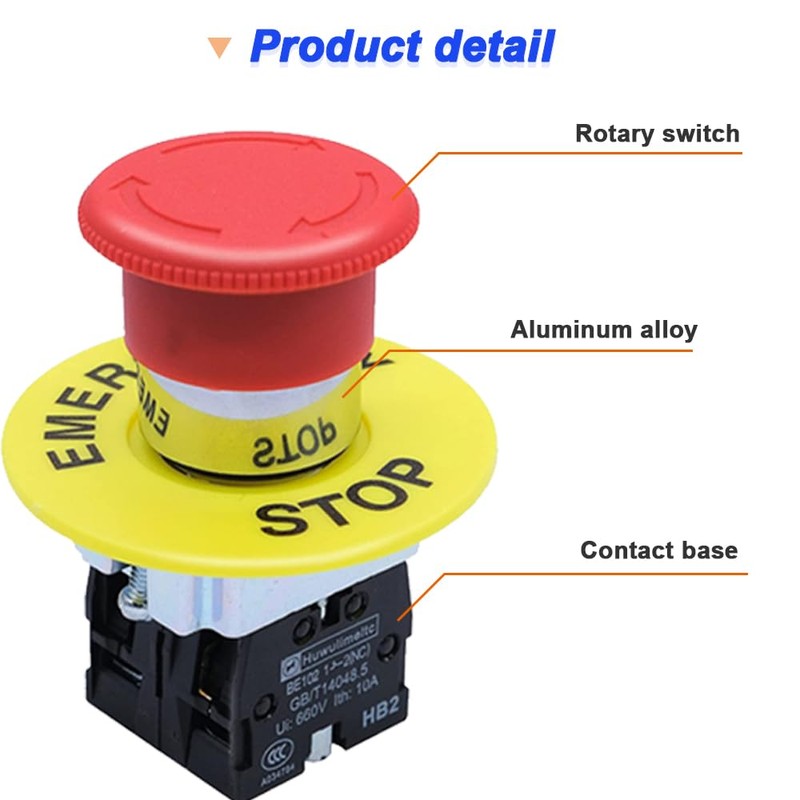 DKARDU 2NC 22mm Emergency Stop Push Button Switch Red Mushroom