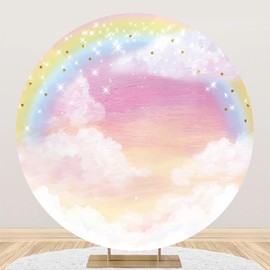 AOFOTO 6x6ft Pink Clouds Round Backdrop Cover Colorful Rainbow Dreamly Sky Shiny Glitter Stars Polyester Cirlcle Background Little Girl Newborn Baby Shower Birthday Party Decoration Party Supplies