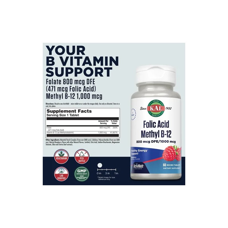 Kal Tabletas Ácido Fólico 800 Mcg Metil B-12 Frambuesa 60