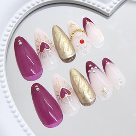 Press On Nails Almond Short Square Ballet Shaped, Cute Design Flower Bow Fake Nails, Stick On Nails,Glue on Nails on 24PCS (Red Gold Foil)