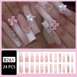 Long Press on Nails Square Fake Nails with Charms Design Pink Bow Stick on Nails Heart Star Glue on Nails French Tip False Nails Reusable Glossy Acrylic Nails for Women Girls Manicure 24pcs