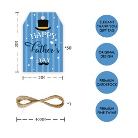 50pcs Happy Father's Day Thank You Tags, Blue Hat Gift Tag with String for Father's Birthday Party, Best Dad Ever Favor Tag for Daddy