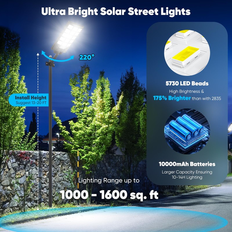 Solar Street Lights Outdoor Waterproof, 30000LM 6500K LED Motion Sensor