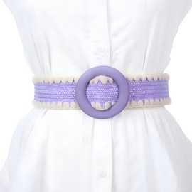 beltox fine Women PP Straw Braided Elastic Belt Thread Deco Edge with Round Buckle(Purple,XS-XL(28-40 inch stretch range))