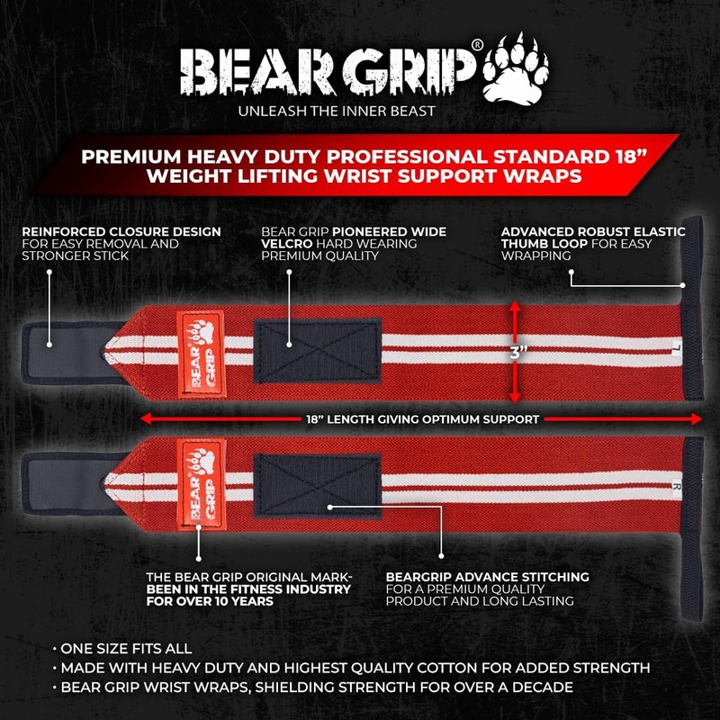 BEAR GRIP - Weight lifting wrist support wraps, (Sold in