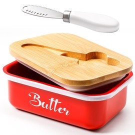 Butter Dish, Butter Dish with Lid for Countertop,Metal Butter Keeper with Stainless Steel Multipurpose Butter Knife, Large Butter Container with quality Silicone Good Kitchen Gift,Red