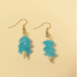 "Handmade" 1"  Aqua Blue Color Dainty Triple Bead Glass Pearl Handmade Drop Dangle Earring