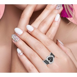 Venus Statement Ring - 0.75 Carat Black & White Diamonds Buckle Ring 925 Sterling Silver, Size 7, Hypoallergenic