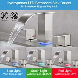LED Bathroom Faucet 3 Holes Brushed Nickel - 8 Inch Widespread Bathroom Sink Faucet | Two Handles Lavatory Vanity Sink Faucets with Pop-up Drain Assembly & Supply Lines
