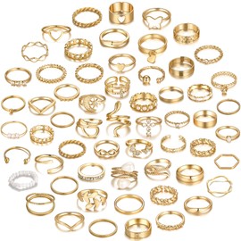 YEEZII 68 Pcs Gold Knuckle Rings Set for Women, Stackable Rings Boho Joint Finger Midi Rings Silver Hollow Carved Crystal Stacking Rings Pack (gold-59 pcs)