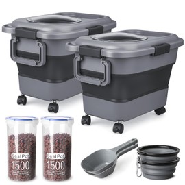 Dog Food Storage Container，10-20 lbs Airtight Collapsible Cat Food Storage Container with Attachable Wheels, Portable Handle, Dog Food Scoop for Dog Cat Bird Pet Dry Food Storage Bin Medium Pack of 2