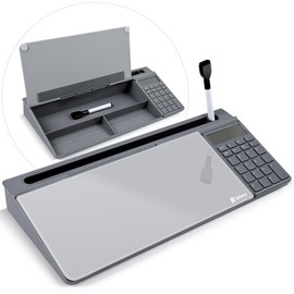 Varhomax Glass Desk Whiteboard Gray with Calculator, Desktop Dry Erase White Board with Storage, to Do List Memo Notepad for Home and Office