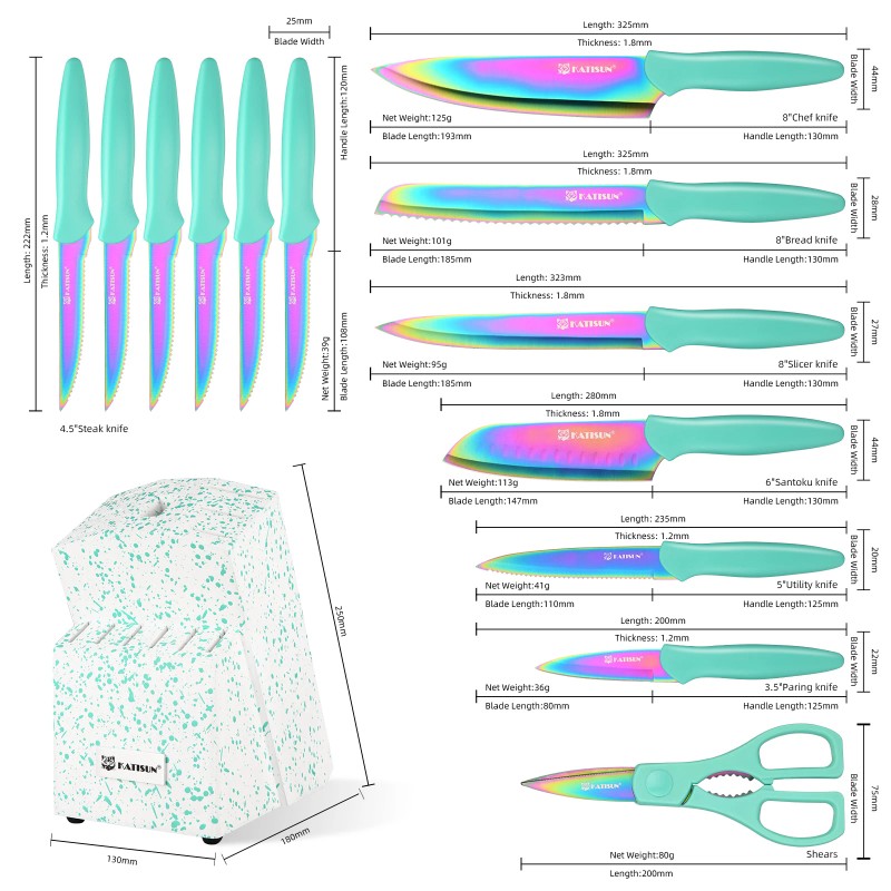 14 Pieces Rainbow Stainless Steel Blade Chef Kitchen Knife Set