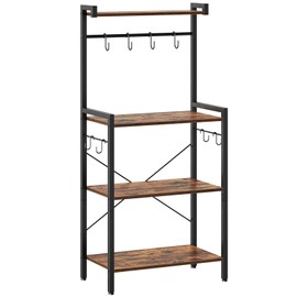 HOOBRO Kitchen Bakers Rack with Storage, 4 Tiers Coffee Bar Station, Microwave Stand with 8 S-Shaped Hooks, Kitchen Storage Shelf Rack for Small Spaces, Rustic Brown and Black BF04HB01