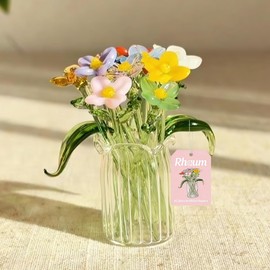 Mini Glass Flowers in Tiny Vase, Handcrafted Glass Flower Bouquet with Green Leaves, Small Glass Vases for Table Accent, Cute Desk Ornament Set for Home Office Wedding Party Decor Gift