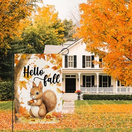 zeevly Hello Fall Squirrel Garden Flag 12x18 Inch Double Sided for Outside, Thanksgiving Autumn Maple Tree Seasonal Small Yard Outdoor Flag