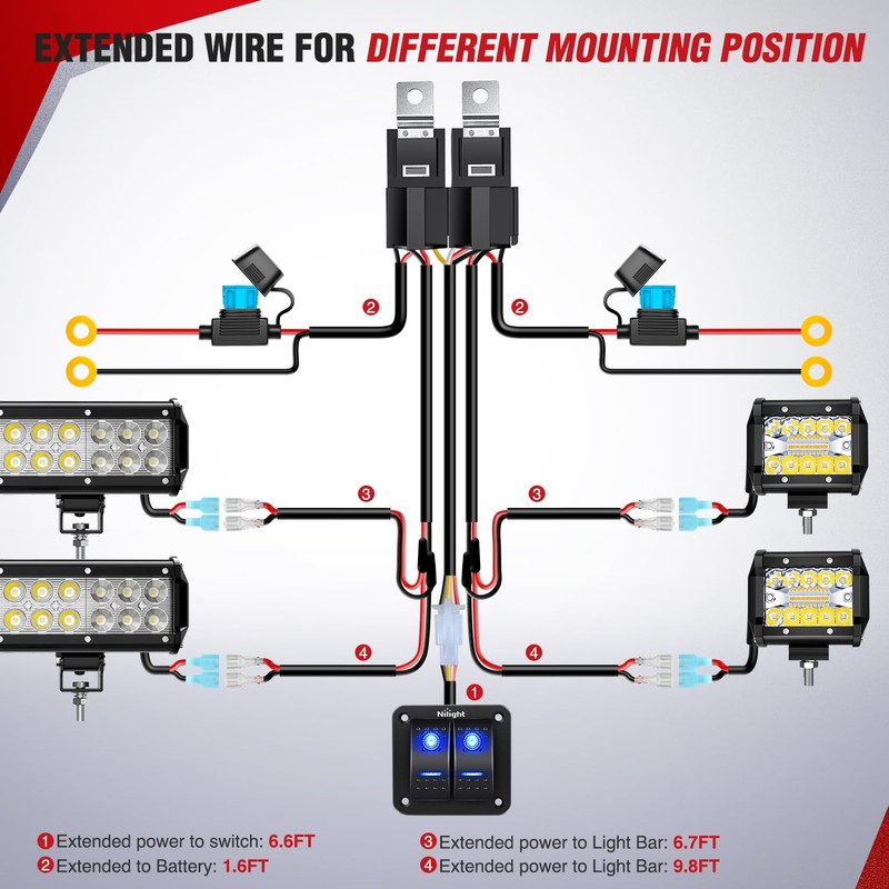 Nilight 16AWG LED Light Bar Wiring Harness Kit 12V On/Off