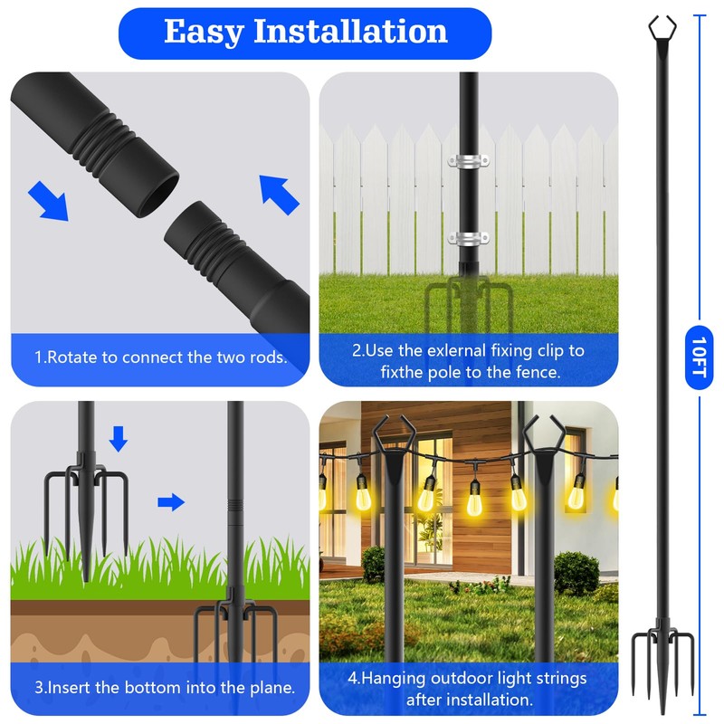 6 Pack String Light Poles,10 Ft Metal Poles with Fork