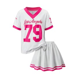 Floerns Girl's 2 Piece Outfit Number Print Jersey Shirts with Skater Skirt Set Hot Pink 10Y