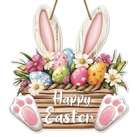 Hoblynth Happy Easter Door Decorations Hanging Sign for Decor for Frontdoor 11.4 Easter Bunny Hanger Bunny Flower Basket Door Wreath Spring Rabbit Wall Hanger for Porch Outdoor Indoor