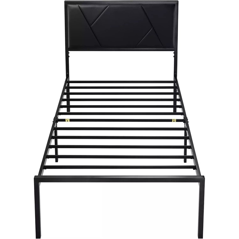 Lov4ever Metal Bed Frame with Geometric Litchi Grain Leather Headboard,