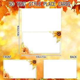 Whaline Thanksgiving Place Cards 50Pcs Autumn Fall Table Tent Place Cards Foil Gold Sunflower Pumpkin Seating Name Escort Card Folded Seat Assignment Setting Label for Wedding Baby Shower Party
