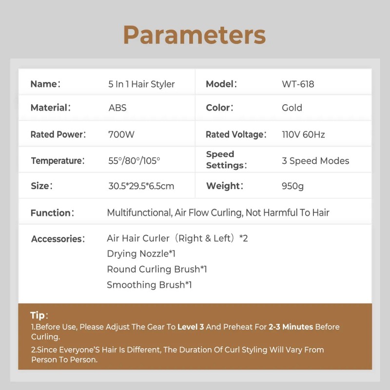 5 In1 Caliente Cepillo Secador Peine Kit Cepillo Desmontable
