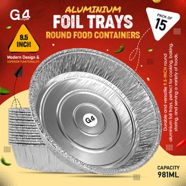 G4GADGET Aluminium Foil Trays – Pack of 15 – Round 9.5 Inch Food-Grade Disposable Baking Containers – Oven & Freezer Safe for Roasting, Cooking, and Catering