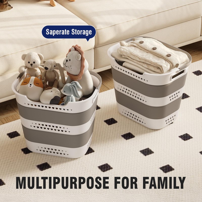 Collapsible Plastic Laundry Basket Hamper with Handles, Large 42L Portable